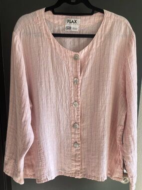 FLAX 100% Linen Pink Windowpane Button Front Jacket Top Large